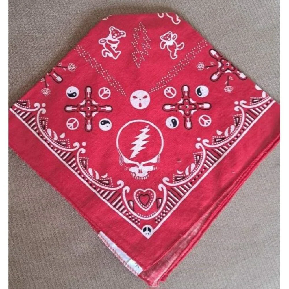 New Red Bear Skull Grateful Dead Bandana Hippie Headband Tour NWT Peace Yin Yang - Picture 4 of 4
